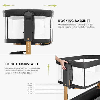 Baby Bassinet Bedside Sleeper,3-in-1 Rocking Bassinet for Baby with 6-Level Height Adjustable, 4 Wheels & Breathable Mesh Walls, Portable Bedside Crib with Mattress for Newborn