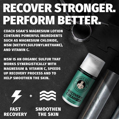 Coach Soak Magnesium Recovery Value Bundle - Flakes Bath Soak + Oil Spray + Lotion with MSM (Cooling Menthol, 3-Pack)