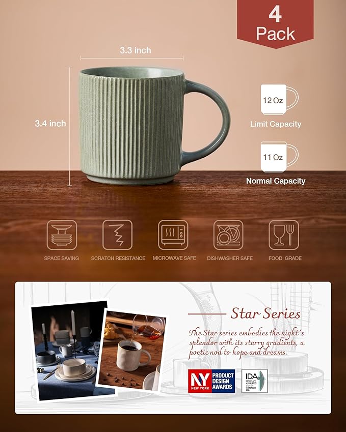 famiware Coffee Mug Set for 6, Star 12 oz Catering Mugs Cup Set with Handle for Coffee, Tea, Cocoa, Milk - Ceramic Stoneware Drinkware Set, Matte Green
