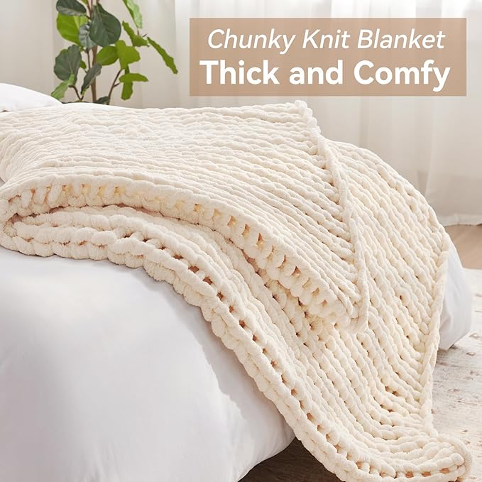 Chunky Knit Throw Blanket, 40''*50'' Knitted Throw Chenille Yarn for Bed Couch, Handmade Cream Crochet Big Thick Blanket, Machine Washable Cute Comfy Blanket for Home Decor