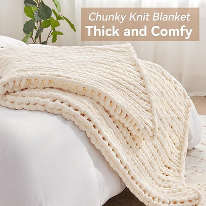 Chunky Knit Throw Blanket, 40''*50'' Knitted Throw Chenille Yarn for Bed Couch, Handmade Cream Crochet Big Thick Blanket, Machine Washable Cute Comfy Blanket for Home Decor