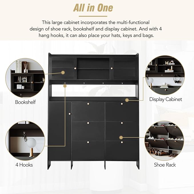 Ball & Cast Tipping Bucket 3-Tier Shoe Cabinet with 6 Flip Drawers and Storage Shelf,Entryway Hall Tree with Tempered Glass Doors and 4 Hooks,for Hallway,Mudroom,Living Room,Black