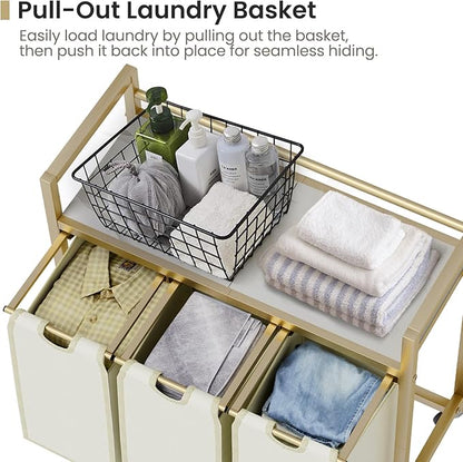 Laundry Hamper, Laundry Basket, Laundry Sorter with 3 Removable Bags, Clothes Basket with 3 Compartments, Wheels, Shelf for Laundry Room Bathroom Bedroom (3 Bags-Golden)