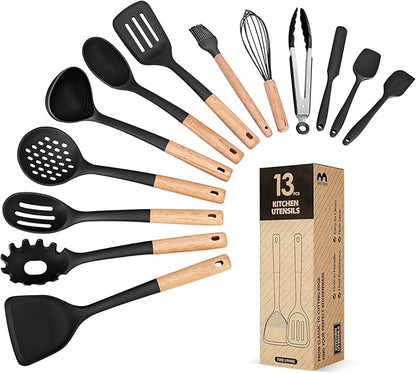 Kitchen Utensils Set, 13PCS Silicone Cooking Utensils, Heat Resistant Kitchen Utensil Spatula Set for Nonstick Cookware, Wooden Handles Kitchen Gadgets Tools Set