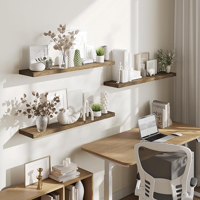 BAMEOS Floating Shelves, Wall Mounted Wooden Shelves with Invisible Brackets Set of 3, Hanging Wall Shelves Decoration for Bedroom, Bathroom, Living Room and Kitchen