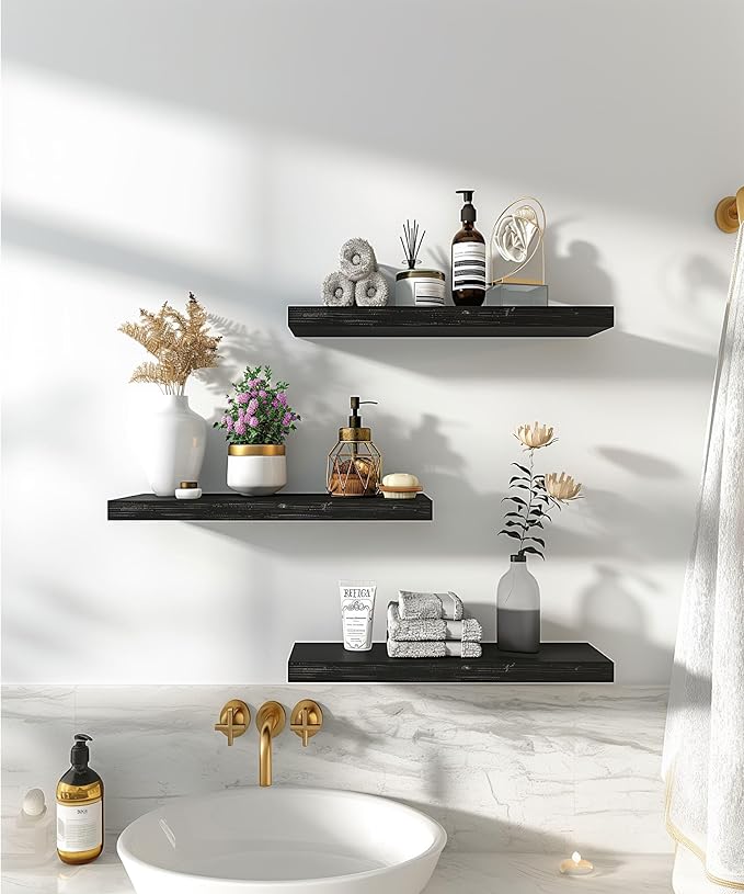 Wood Floating Shelves for Wall Decor, Rustic Wall Shelves for Bedroom Bathroom Kitchen Living Room, Set of 6 Black