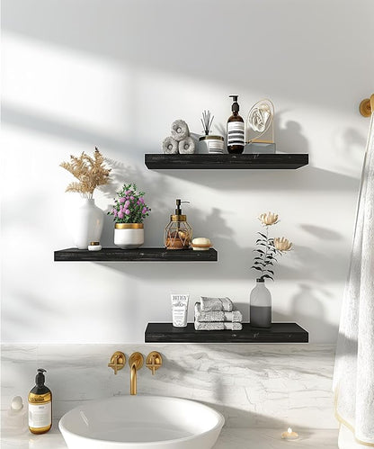 Wood Floating Shelves for Wall Decor, Rustic Wall Shelves for Bedroom Bathroom Kitchen Living Room, Set of 6 Black