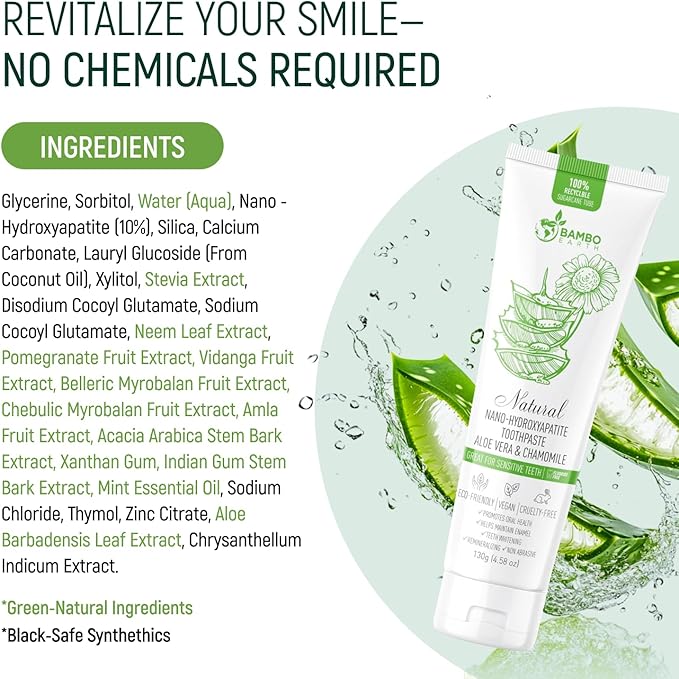 Natural Fluoride Free Toothpaste - Nano Hydroxyapatite, Remineralizing, Sensitive Teeth, Whitening & Zero Waste Tube - Dentist Recommended for Adult & Kids Oral Aloe Vera & Chamomile (2 Pack, Aloe)