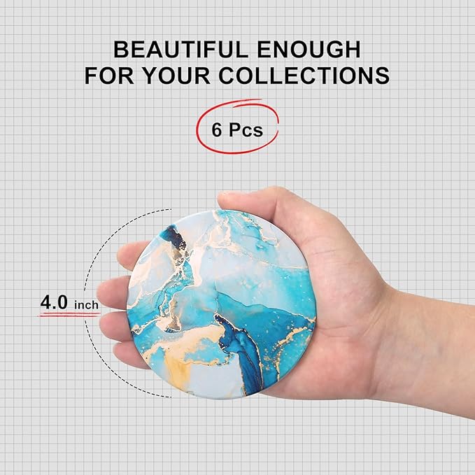 6 Pcs Light Blue Marble Abstract Ceramic Coasters with Holder Best Round Drink Absorbent Coasters for Desk, Lounge, Coffee, Wine, Beverage, Dining Table Decor, Bar Coaster Set