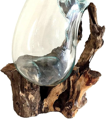 Hand Blown Molten Glass & Teak Wood Terrarium/Vase/Fish Bowl - Premium Quality (12" - 14" High)