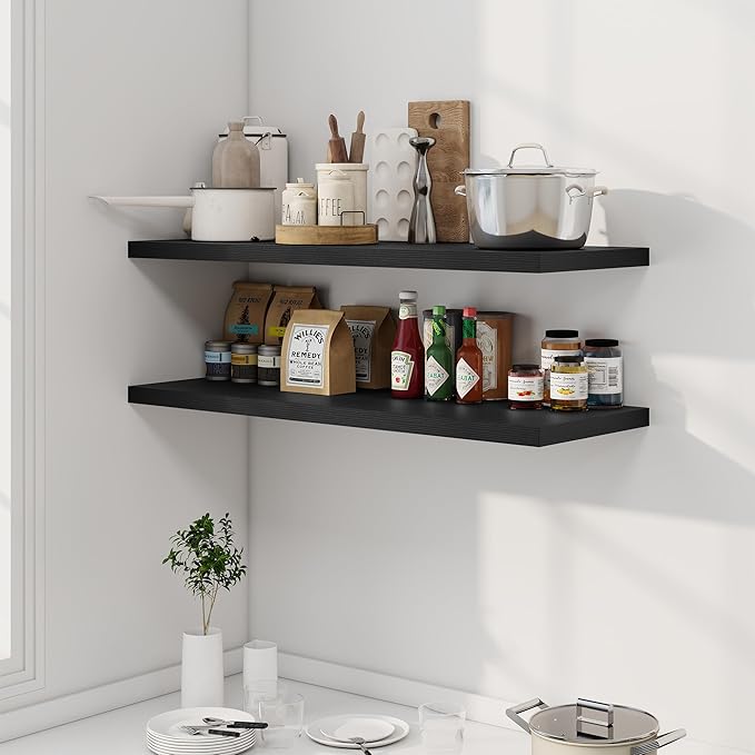 40" Floating Shelves for Wall, 12" Deep Slim Black Floating Shelves, Wall-Mounted Shelves for Bedroom, Living Room, Kitchen, Bathroom - Set of 2