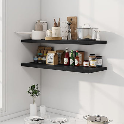 40" Floating Shelves for Wall, 12" Deep Slim Black Floating Shelves, Wall-Mounted Shelves for Bedroom, Living Room, Kitchen, Bathroom - Set of 2