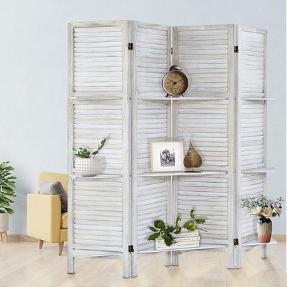 Room Divider with Shelves, Privacy Screen, Room Dividers and Folding Privacy Screens, 4 Panel Wood Temporary Wall Partition Separation Separator, Coconut