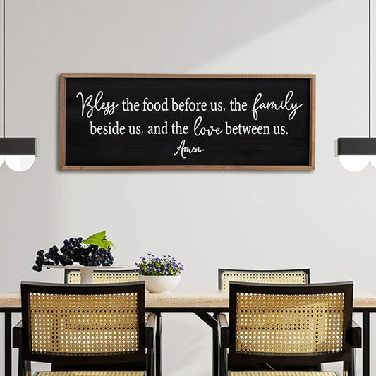 Bless the Food Before Us Sign Wall Decor 40"X15" Large Farmhouse Dining Room Wall Decor Framed Wood Rustic Home Wall Art Kitchen Decoration (Wood Black)