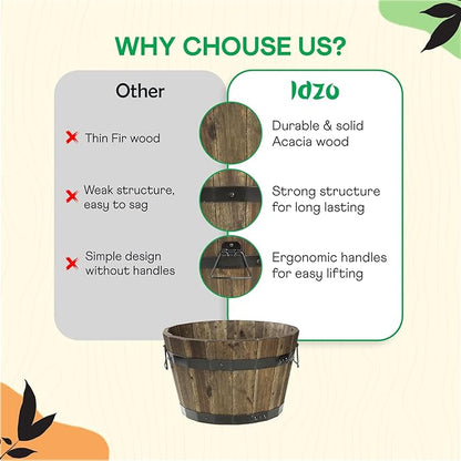 IDZO Set of 3 Wooden Flower Planters for Outdoor Plants, Acacia Wood Barrel Planters, Ergonomic Handles, Drainage Holes, Various Sizes, Walnut