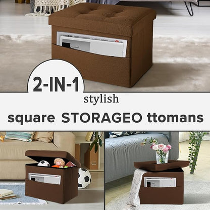 LINMAGCO Storage Ottoman Folding Foot Stool Foot Rest with Side Pocket Modern Ottoman with Storage Short Sofa Stool Linen Cloth 17x13x13(Brown)
