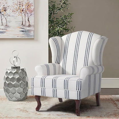 Accent Chair, High Back Upholstered Armchair with High Resilience Sponge & Wood Legs, Mid-Century Modern Comfy Single Sofa Reading Chairs for Living Room, Bedroom (Stripe Navy, Set of 1)