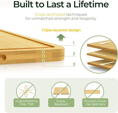 Chopping Board 2-Pcs Natural Bamboo Cutting Board With Juice Channels & Knife-Friendly Finish For Versatile Kitchen Use, Ideal Charcuterie & Chopping Multi-Use