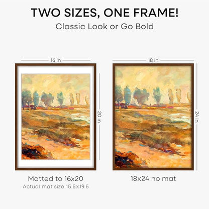 Homeforia 18x24 Walnut Poster Frame, High End Dark Oak 18x24 Brown Wooden Picture Frames with Mat 16x20, 18 x 24 Wood Frame Matted to 16 by 20, 24x18 Hanging Frames, Tempered Glass, Wall Kit, Set of 1