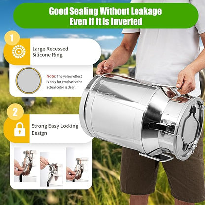 Stainless Steel Milk Can, 30L/7.9 Gallon Heavy Duty Airtight Storage Canister Milk Bucket with Lid, Embedded Silicone Milk Jug Wine Pail Water Cereals Bucket with Three Latches and Two Handles