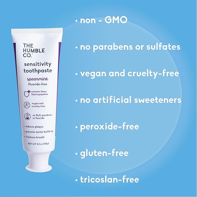 The Humble Co. Sensitive Toothpaste – Natural Spearmint Fluoride Free Toothpaste for Fresh Breath and Helps Remove Plaque, Vegan Cruelty Free Oral Care, Non-Toxic SLS Free Toothpaste (5.5 oz, 2pk)