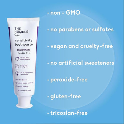The Humble Co. Sensitive Toothpaste – Natural Spearmint Fluoride Free Toothpaste for Fresh Breath and Helps Remove Plaque, Vegan Cruelty Free Oral Care, Non-Toxic SLS Free Toothpaste (5.5 oz, 2pk)