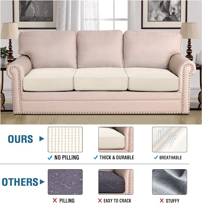 H.VERSAILTEX Super Stretch Individual Seat Cushion Cover Sofa Covers Couch Cushion Covers Slipcover Sets Thick Jacquard Textured Twill Fabric (3 Piece Sofa Cushion Covers, Natural)