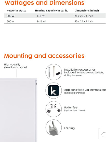 Infrared Space Heater - suited for smaller rooms - potent & energy efficient electric heating - wall-mounted - warms up quickly - over-heating protection - no noise - no maintenance - pleasant warmth