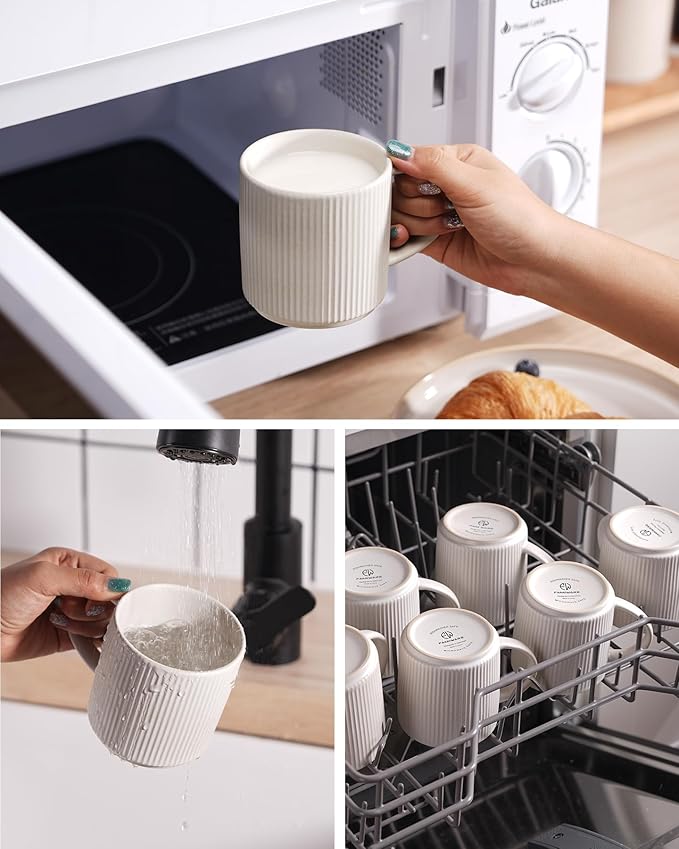 famiware Coffee Mug Set for 6, Star 12 oz Catering Mugs Cup Set with Handle for Coffee, Tea, Cocoa, Milk - Ceramic Stoneware Drinkware Set, Matte White