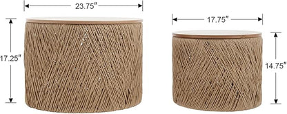 Nesting Coffee Table Set of 2, Natural Round Wooden Coffee Tables Rustic Woven Circle Side/Sofa Table for Small Space Living Room Bedroom Apartment No Assembly Required
