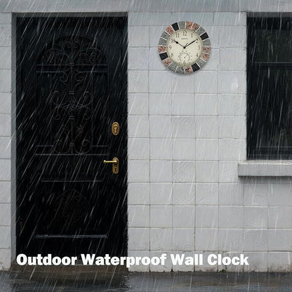 eYotto 10 Inch Small Indoor/Outdoor Waterproof Wall Clock with Thermometer Silent Non-Ticking Battery Operated Wall Clocks Weatherproof for Patio, Pool, Garden, Lanai, Fence, Porch, Deck, Bathroom