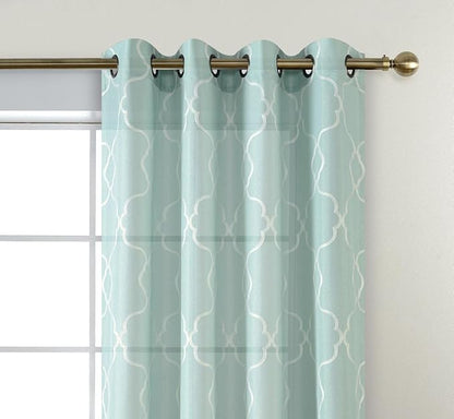 MIUCO Moroccan Embroidered Semi Sheer Curtains Linen Look Grommet Panels for Bedroom 52 x 95 Inch 2 Panels, Subtle Green