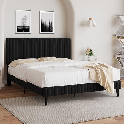 Queen Bed Frame, Velvet Upholstered Platform Bed with Vertical Channel Tufted Headboard, No Box Spring Required, Easy Assembly, Black