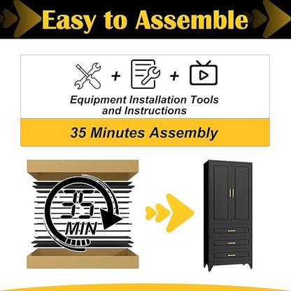 75" Kitchen Pantry Cabinet with 3 Drawers,Metal Storage Cabinets with Doors and 4 Adjustable Shelves,Black Kitchen Cabinet with 2 Gold Handles,Food Cupboard for Livingroom, Bathroom,Pantry