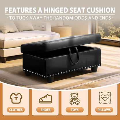 Ottoman Rectangular Storage Ottoman Bench, Faux Leather Footrest, Coffee Table, Stool Footstool with Hinged Lid for Living Room, Bedroom, Entryway, Black, 28.5"x19"x17.5"