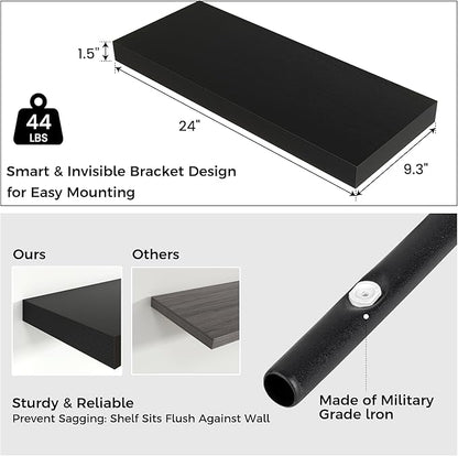 Floating Shelves - 2 Large Wall Mounted Shelves with Invisible Brackets, Long Wood Floating Wall Shelf for Living Room, Bedroom, Kitchen (Black, 24" W x 9" D x 1.5" H)