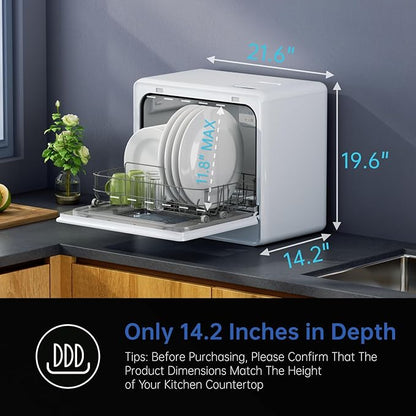 AIRMSEN Countertop Dishwasher Complete 2-Level Rack, Portable Dishwashers with 5L Built-in Water Tank, 3-Spray Arms & 12H Delay Start, No Hookup Needed, A01, White