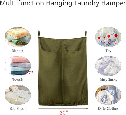 100% Pure Linen Dual Hanging Laundry Bag with 2 Deep Pocket and 2 Side Zipper 20x27in, Over The Door Laundry Hamper Space Saving Hampers for Dirty Clothes Home Travel, Green