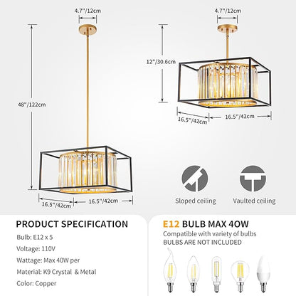 5-Lights K9 Crystal Chandelier, Modern Style Pendant Light Fixture for Dining Room, Bedroom & Living Room, Gold & Black Finish, L16.5 * W16.5 * H12~48 inch (Adjustable Height)