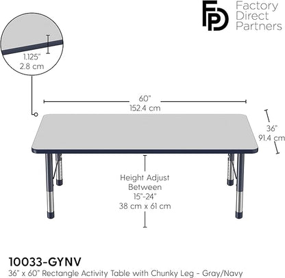 FDP Rectangle Activity School and Classroom Kids Table (36 x 60 inch), Toddler Leg, Adjustable Height 15-24 inches - Gray Top and Navy Edge