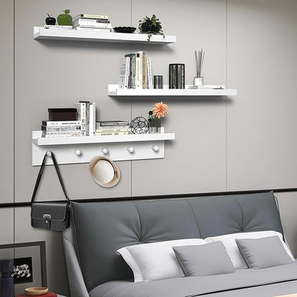 MBYD Picture Shelf Ledge, 24 Inch Floating Shelves for Wall, Nursery Book Shelves with Hooks Set of 3, Floating Shelf Wall Mounted for Bathroom,Kids Room, Living Room, Kitchen Bedroom White