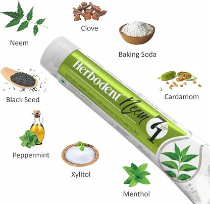 Herbodent® NEEM 7 in 1 Toothpaste-6.53Oz Pack of 6 | Organic Herbs-Neem, Black Seed & Xylitol for Anti Cavity, Cardamom & Mint for Freshness, Baking Soda for Great Cleaning-No Fluoride & No Paraben