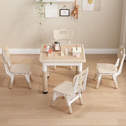 Kid Table and Chairs, Height Adjustable Childrens Table and Chair Set, Kids Tables for Age 2-8, Graffiti Desktop, Table for Kids with 4 Seats, Small Kids Table, Max 300lbs