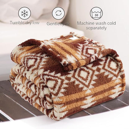 CASAAGUSTO Boho Sherpa Throw Blanket, Aztec, Ultra Soft, Warm, Cozy, Plush, Thick Fleece Bohemian Throw Blanket for Couch, Bed, Sofa (Terracotta 50 * 60 Inch)