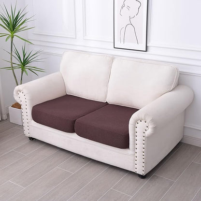 hyha Waterproof Couch Cushion Covers for Pets, Non Slip Sofa Seat Cover for Dogs Washable, Soft Thick Stretch Jacquard Fabric, Sofa Slipcovers with Elastic Bottom (2 Pieces, Chocolate)