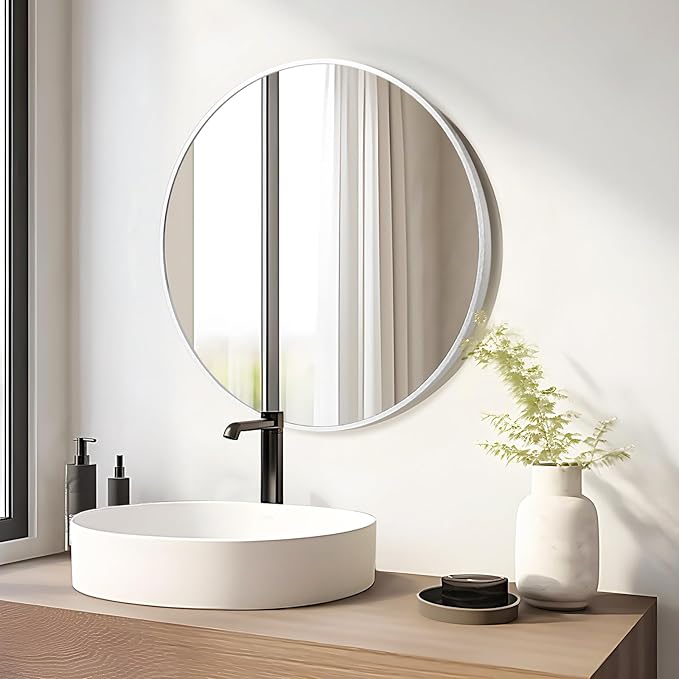 Fabuday Silver Round Mirror 30 Inch - Big Circle Mirror for Bathroom, Living Room, Hallway, Entryway, Matte Aluminum Frame Circular Mirrors for Wall Decor