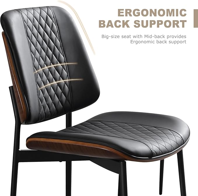 BV Dining Chairs Set of 6, PU Leather Armless Kitchen Chair in Modern Walnut Style, Mid Century Bentwood Side Chair with Metal Legs, Retro Accent Guest Chair for Kitchen Dining Room(Black)