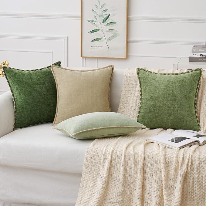 MIULEE Pack of 2 Couch Throw Pillow Covers 22x22 Inch Sage Green Farmhouse Decorative Pillow Covers with Stitched Edge Soft Chenille Solid Dyed Spring Pillow Covers for Sofa Bed Living Room
