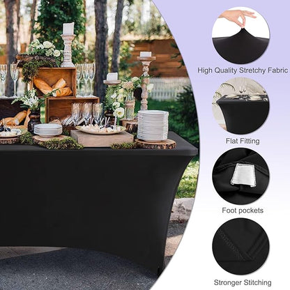 ABCCANOPY 6 FT Black Spandex Table Cover Wrinkle Resistant Fitted Stretch Tablecloth Reuse for Rectangular Folding Table Patry Event Wedding Banquet Protector 2 Pack