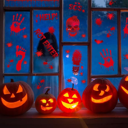 NEBURORA 6 Sheets Terror Bloody Handprint Footprint PVC Window Stickers Spooky Wall Decal and Floor Stickers for Halloween Decorations Party Decorations